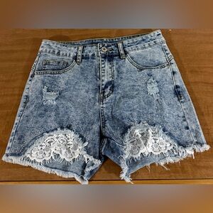 Women’s Blue Distressed Denim Shorts with White Lace Trim